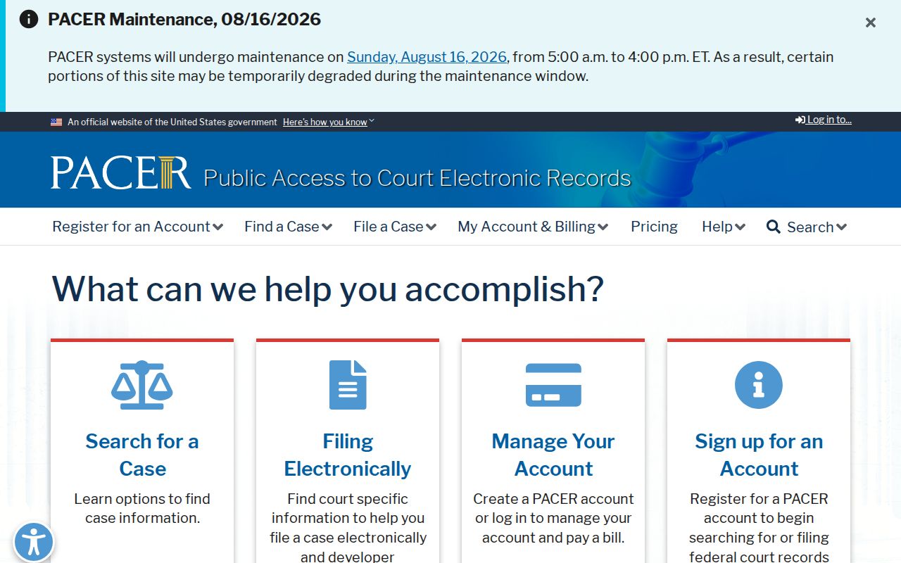 Tuscaloosa County neighbors page showing official PACER federal court access